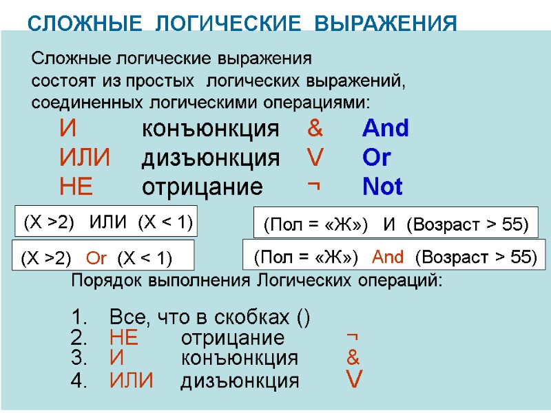 СЛОЖНЫЕ  ЛОГИЧЕСКИЕ  ВЫРАЖЕНИЯ Сложные логические выражения  состоят из простых  логических